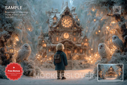 christmas house digital backdrop with woodland animals and wise owls, winter wonderland scene for holiday photos