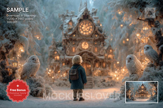 christmas house digital backdrop with woodland animals and wise owls, winter wonderland scene for holiday photos