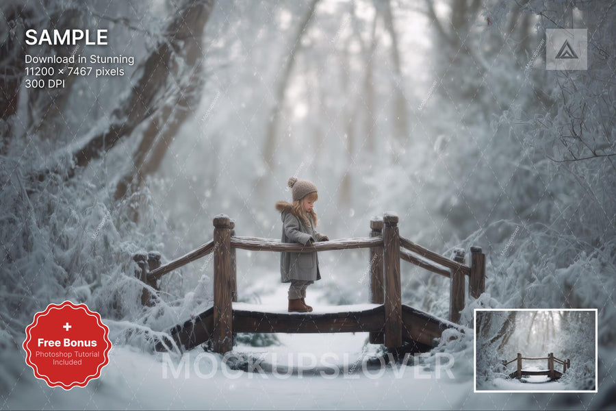 scene of a snowy forest with a bridge, perfect for holiday photo backgrounds