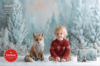 red fox on winter forest backdrop, holiday photo scene, digital background, studio prop, photo editing template