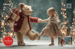 cute teddy bear in christmas wonderland digital backdrop for holiday photo editing and template design
