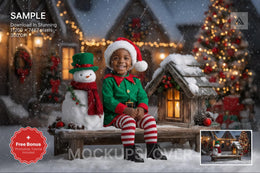 christmas snowman scene with winter landscape background and festive props