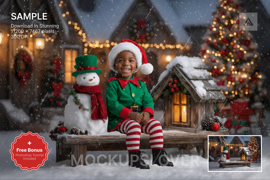 christmas snowman scene with winter landscape background and festive props