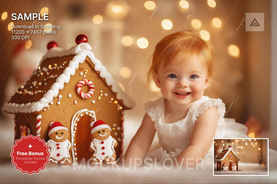 gingerbread house digital backdrop with christmas cookies, holiday scene, perfect for photo editing and portraits
