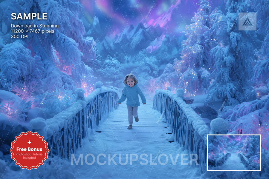 kids in winter wonderland scene with northern lights and north pole bridge for holiday photos