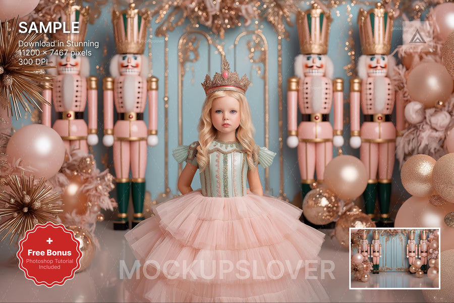scene of a pink princess in front of a christmas nutcracker palace backdrop, holiday kids portrait prop, digital scene