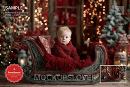 baby santa in sleigh with christmas backdrop, winter wonderland theme, photoshop and canva templates for holiday edits