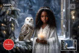 wise owl on winter backdrop, holiday kids prop, christmas scene, digital photo background, photoshop template
