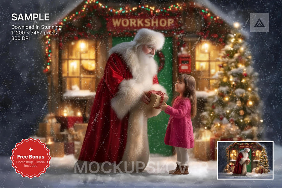 kids in christmas scene with santa and winter backdrop for holiday photos
