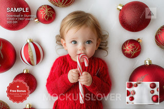 digital backdrop featuring red christmas balls, ideal for holiday photo shoots and editing