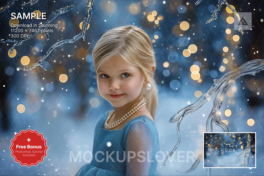 portrait of a child in a winter wonderland scene, digital backdrop for holiday photos