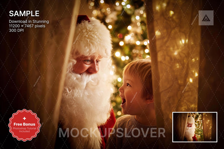 santa claus in a christmas window scene, ideal for holiday photo backgrounds and kids portraits