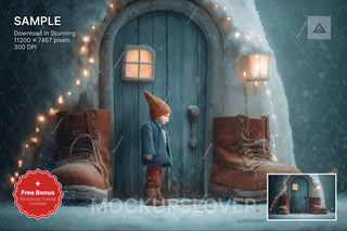 santa claus house digital backdrop, north pole holiday scene for christmas photos and editing