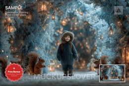 winter forest scene with christmas animals, perfect for holiday photo backgrounds