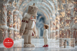 scene of giant christmas nutcracker in winter wonderland, suitable for holiday photo backgrounds