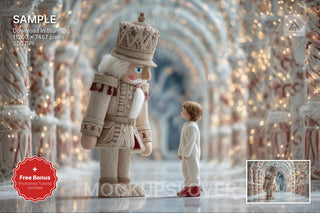 scene of giant christmas nutcracker in winter wonderland, suitable for holiday photo backgrounds