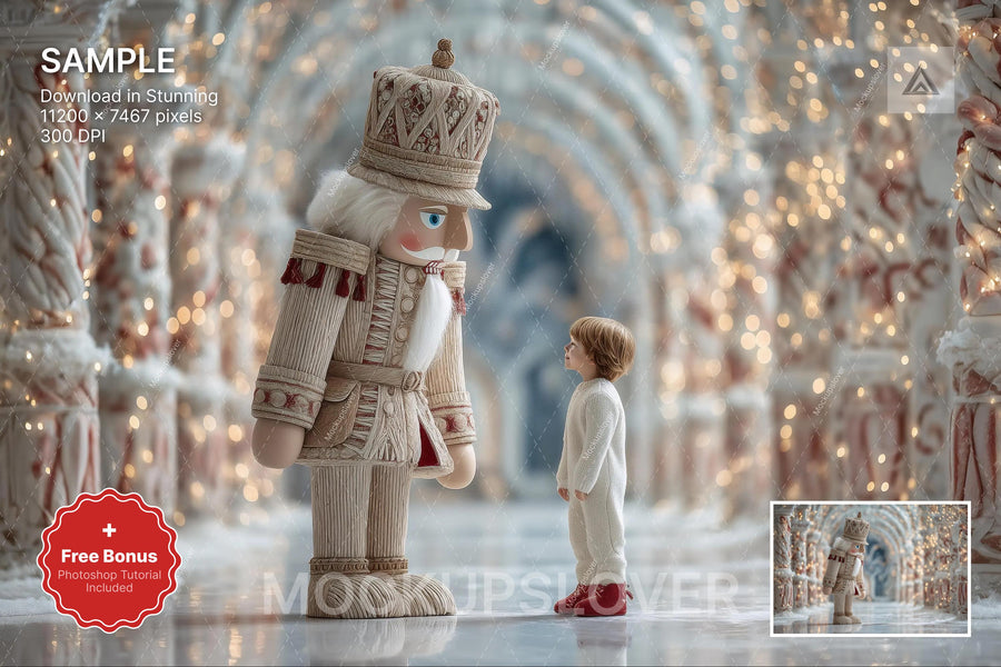 scene of giant christmas nutcracker in winter wonderland, suitable for holiday photo backgrounds