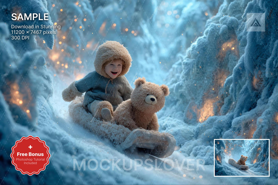 scene of a winter fantasy forest with christmas sleigh and teddy bear, ideal for holiday photo backgrounds