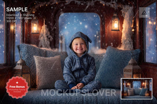 christmas train scene with winter landscape background and festive props