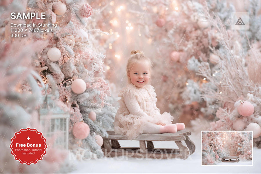 scene of a pink christmas backdrop with woodland elements and wooden sleigh, suitable for holiday photo sessions