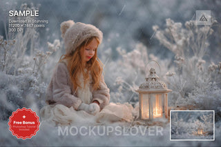 lanterns in a winter wildflower field with digital backdrop for christmas photo editing