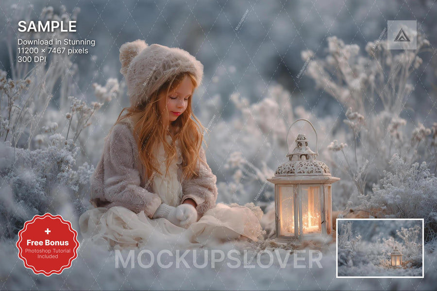 lanterns in a winter wildflower field with digital backdrop for christmas photo editing