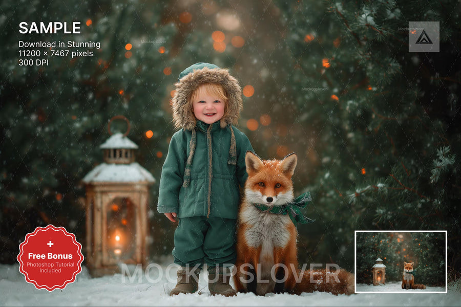 red fox in a winter forest scene, ideal for holiday photo sessions and digital backdrops