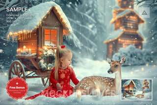 reindeer scene with winter landscape background and woodland creatures