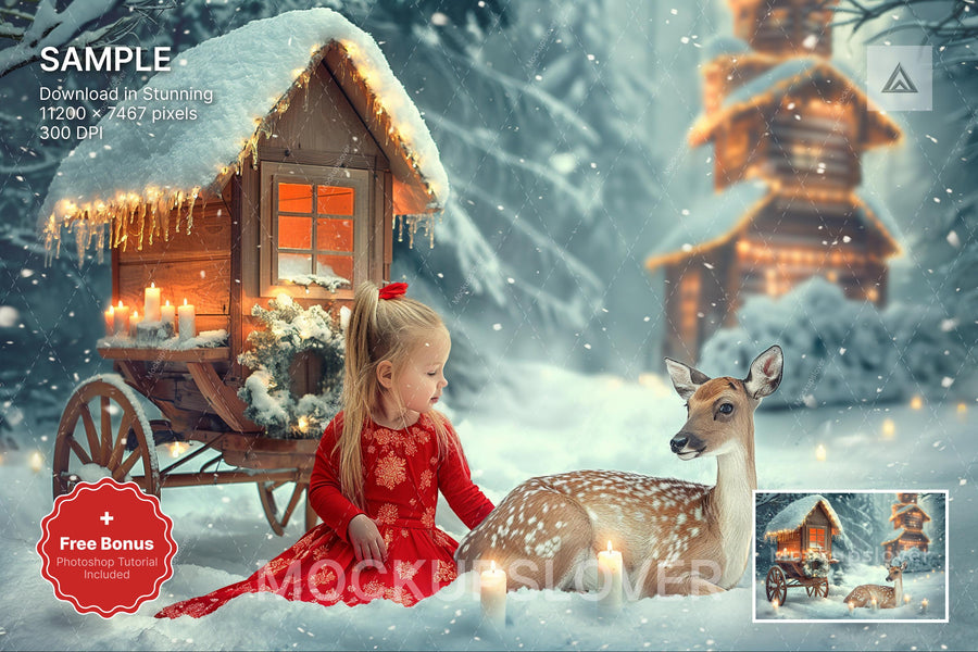 reindeer scene with winter landscape background and woodland creatures