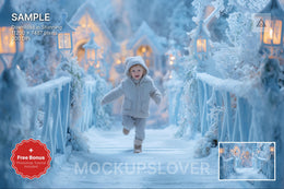 winter wonderland bridge scene with christmas village and north pole backdrop, ideal for holiday photo sessions
