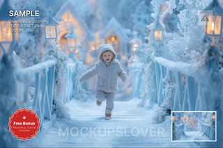 winter wonderland bridge scene with christmas village and north pole backdrop, ideal for holiday photo sessions