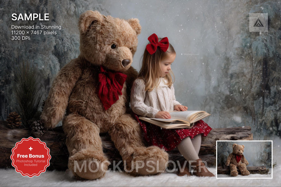 digital backdrop featuring a winter wonderland scene with teddy bear and christmas forest, ideal for holiday photos