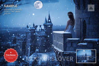 digital backdrop featuring a winter wonderland scene with a princess, ideal for holiday photo shoots