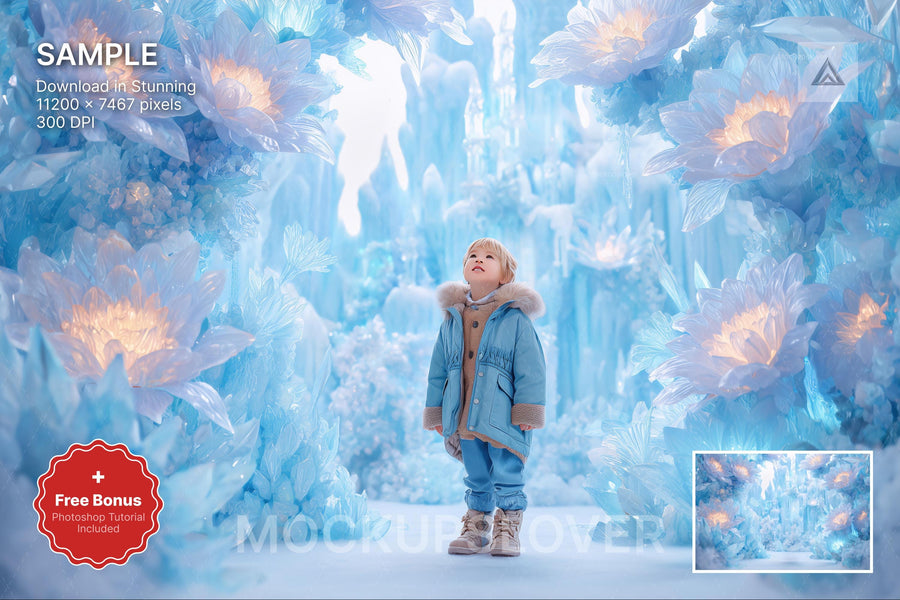giant frozen flowers on a digital winter wonderland backdrop for nordic christmas photo props
