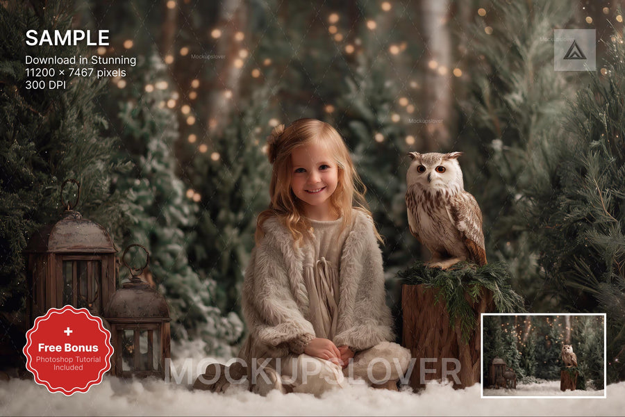 kids in fantasy forest scene with woodland creatures and wise owl for holiday portraits
