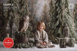 kids in fantasy forest scene with woodland creatures and owl for holiday portraits