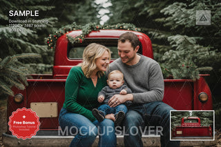 scene of a rustic christmas backdrop with a farm red truck in a winter wonderland setting, perfect for holiday portraits