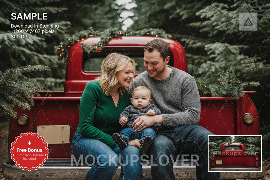 scene of a rustic christmas backdrop with a farm red truck in a winter wonderland setting, perfect for holiday portraits