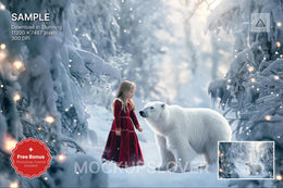 kids in winter wonderland scene with polar bear and nordic christmas theme for holiday photos