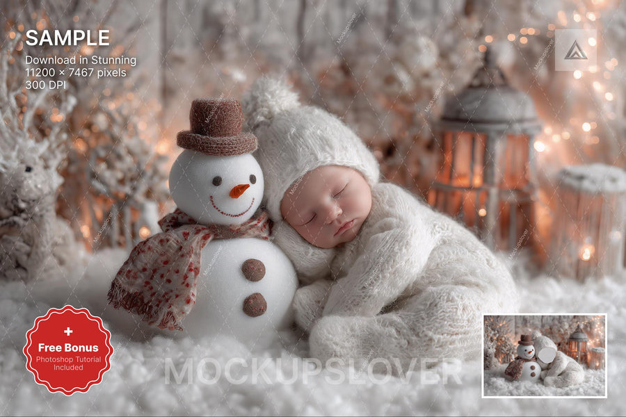newborn in christmas-themed digital studio with snowman backdrop and winter wonderland overlay