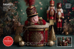 baby face swap overlay with nutcracker figure, holiday backdrop, festive scene, christmas studio background, newborn prop