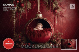 baby with christmas ball, holiday backdrop, newborn photo prop, festive scene, christmas studio background