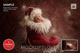 digital backdrop with a red christmas boot for newborn and holiday photos