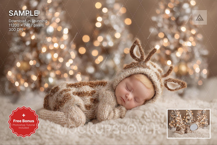 christmas baby face swap overlay with reindeer and animals, festive backdrop for holiday newborn photography