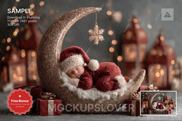 baby face swap overlay with crescent moon backdrop, ideal for holiday newborn photos