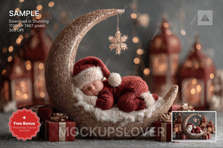 baby face swap overlay with crescent moon backdrop, ideal for holiday newborn photos