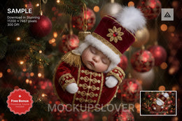 christmas baby face swap overlay with nutcracker backdrop, ideal for holiday newborn photo shoots