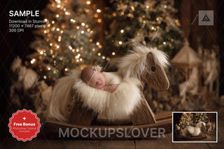 newborn on a wooden rocking horse with christmas decor, perfect for holiday baby photo, digital backdrop template