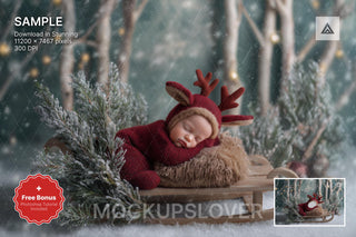 baby reindeer with christmas face swap in winter wonderland, perfect for holiday newborn photo backdrop or photoshop overlay