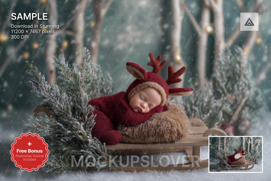 baby reindeer with christmas face swap in winter wonderland, perfect for holiday newborn photo backdrop or photoshop overlay